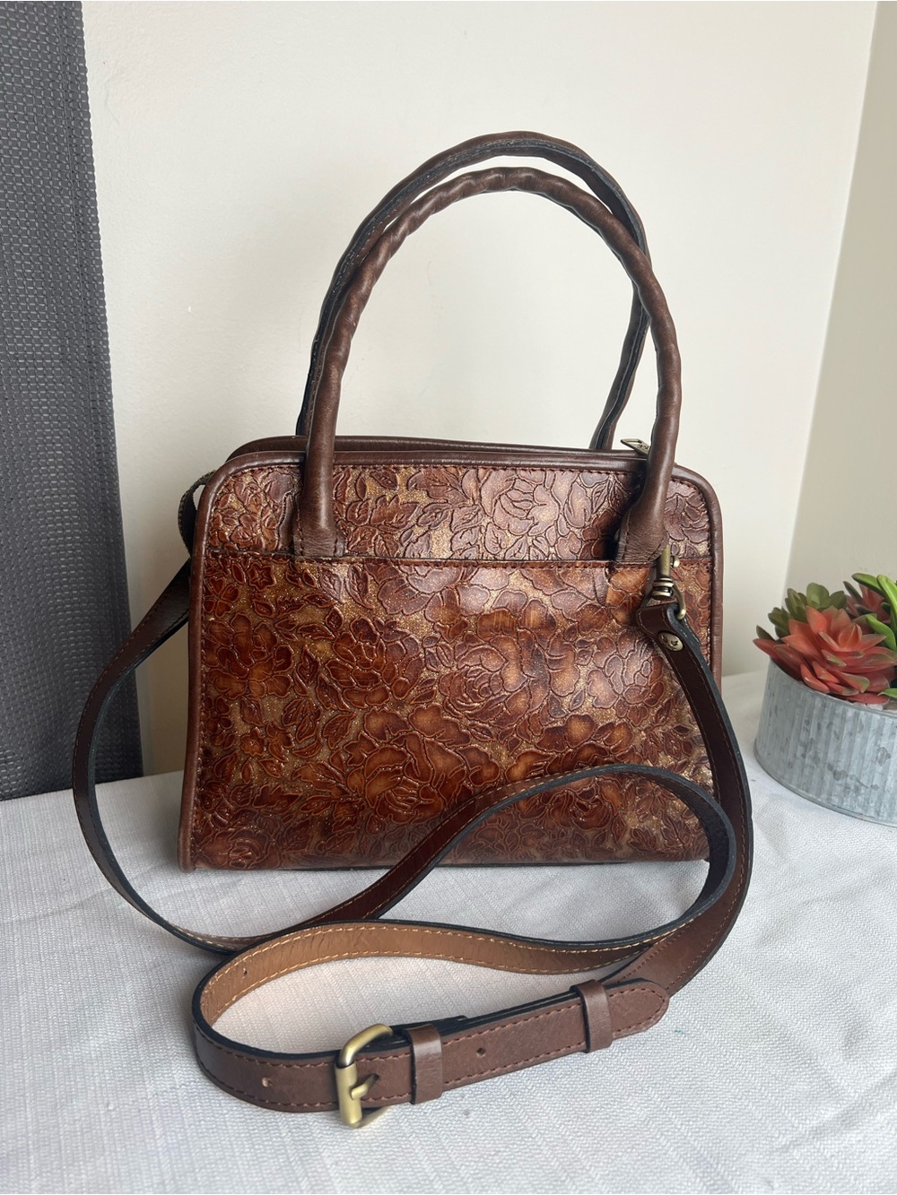 Patricia Nash Brown Tooled Floral Leather Satchel with Gold Undertone